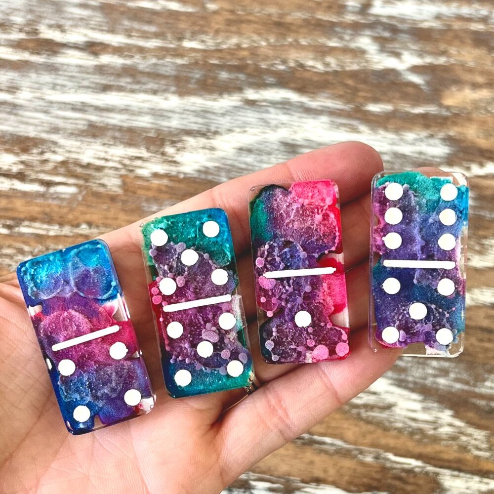 Tie-Dye Alcohol Ink Resin Dominoes Game with Velvet Bag 28 pieces Handmade Gift - Picture 2 of 9